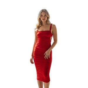 Hello Molly Ruched Bodycon Cut-out Back Red Dress-Size Small